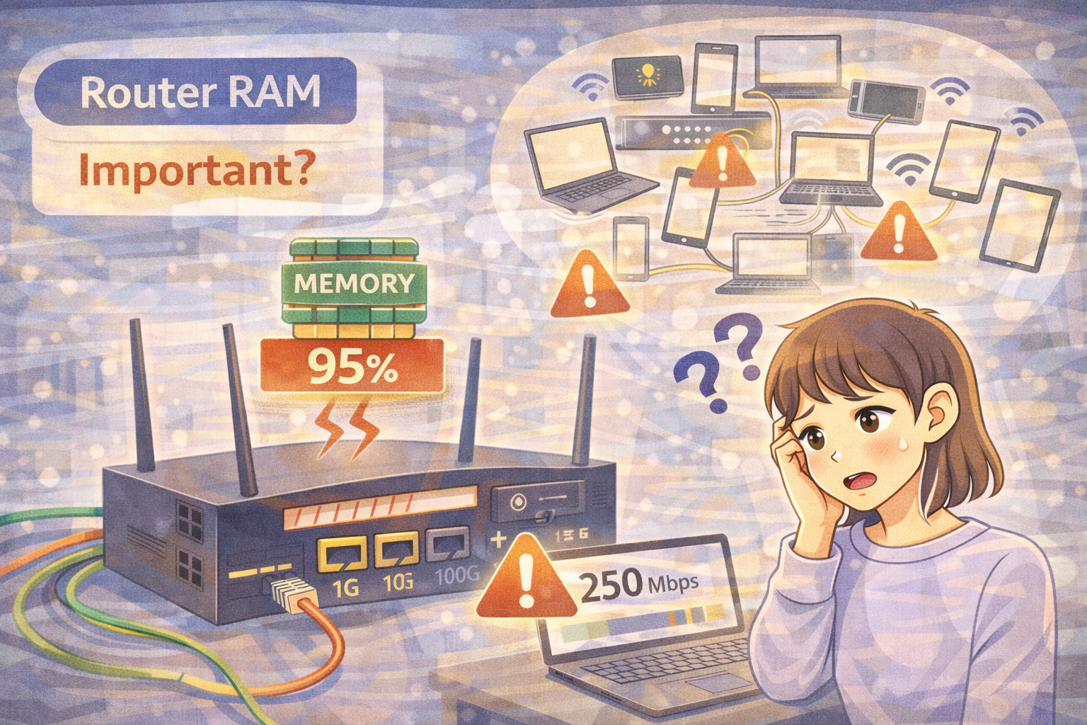 ルーターのメモリ使用率が高い状態で同時接続が増え速度が低下している様子を確認している女性のイラスト