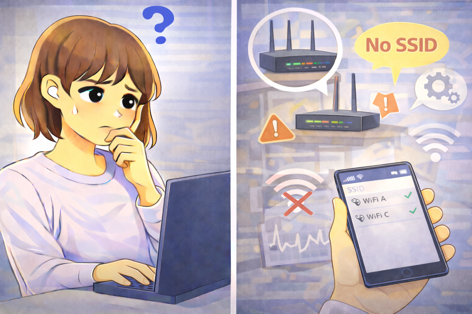 Wi-FiのSSIDが一覧に表示されず、ノートパソコンを操作しながら原因を考えている女性と、右側にSSIDが見つからない状態を示す画面やルーターが描かれたイラスト