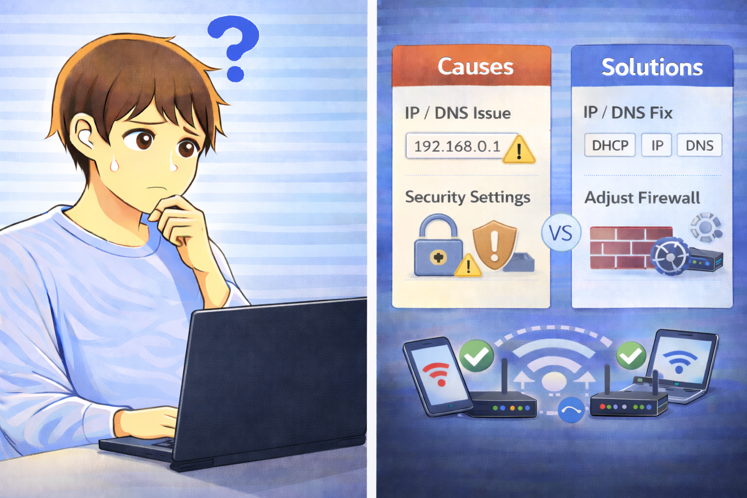 WindowsパソコンでWi-Fiはつながっているのにインターネットに接続できず、原因を考えている男性のイラスト