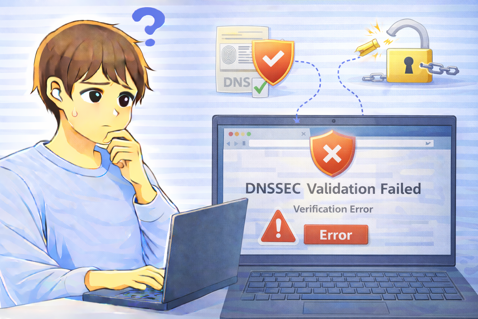 DNSSEC検証エラーが表示され署名検証に失敗している状態を示すノートPC画面と困っている男性のイラスト