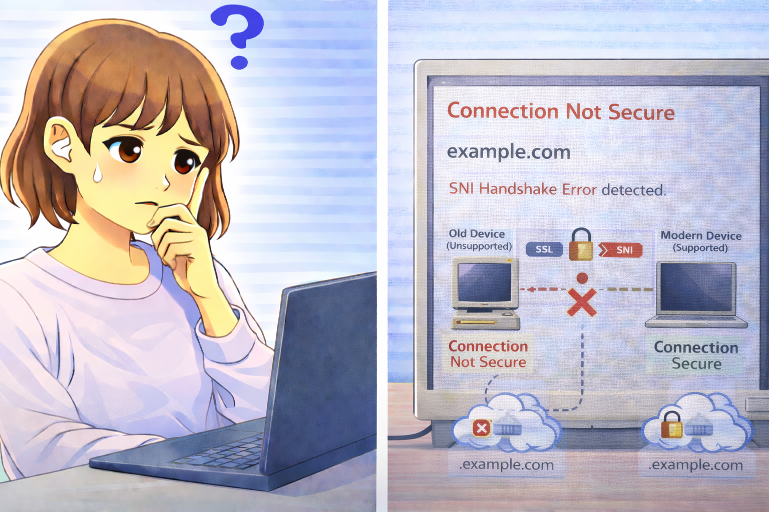 HTTPS接続エラーとSNI非対応を示すPC画面を見て困っている女性のイラスト