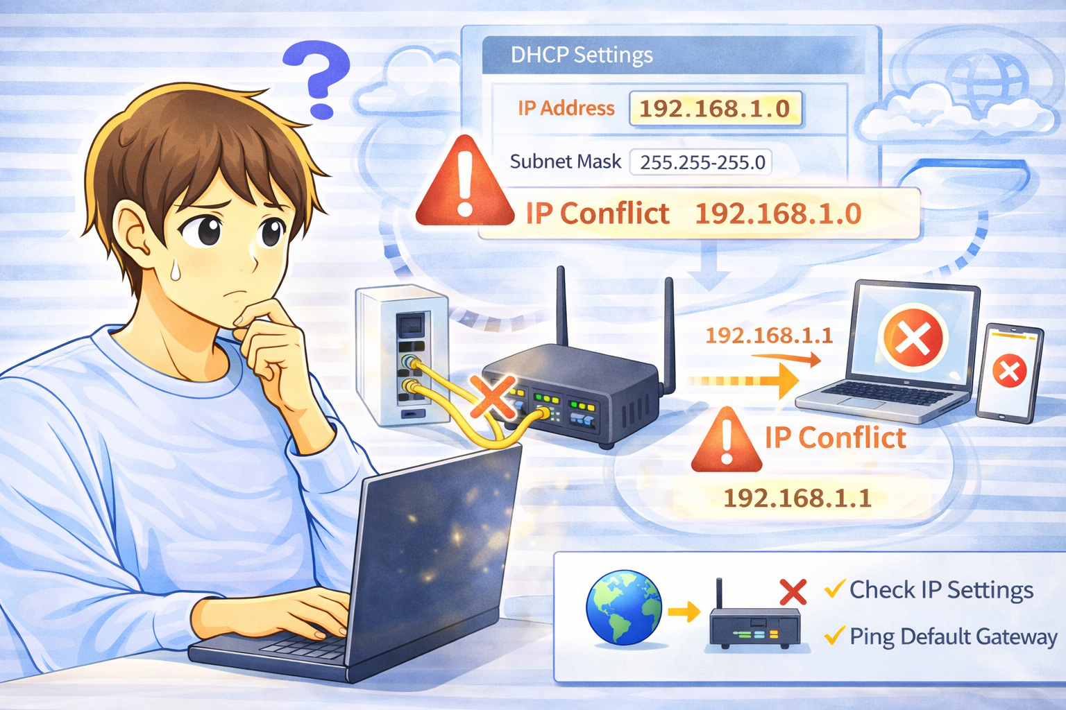 ルーターのIPアドレス設定ミスにより通信ができずネット接続に失敗している状態を示すノートPC画面と困っている男性のイラスト
