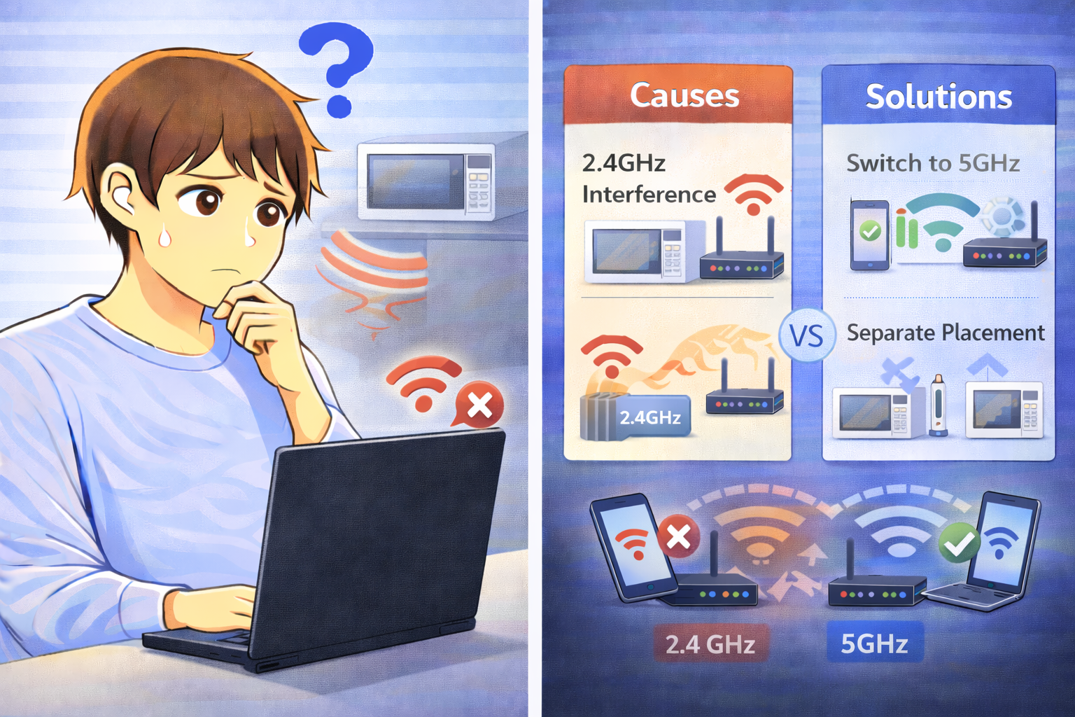 電子レンジの使用中にWi-Fiが途切れ、ノートパソコンを前に原因を考えている男性のイラスト