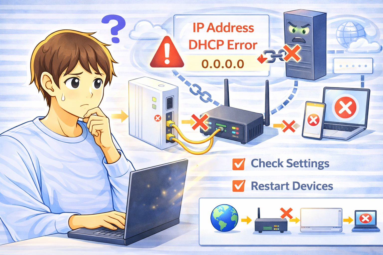 IPアドレスの取得に失敗しDHCPエラーによりインターネットに接続できない状態を示すノートPC画面と困っている男性のイラスト