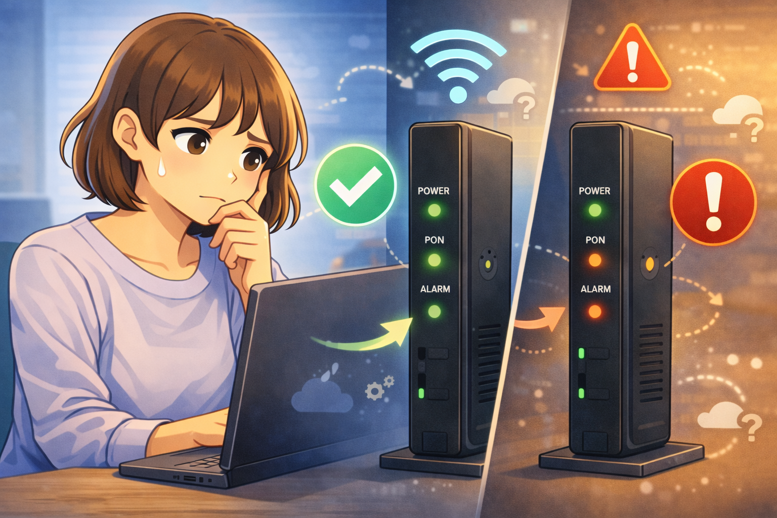 光回線ONUのランプ状態を見て通信状況を確認している様子を示したイラスト