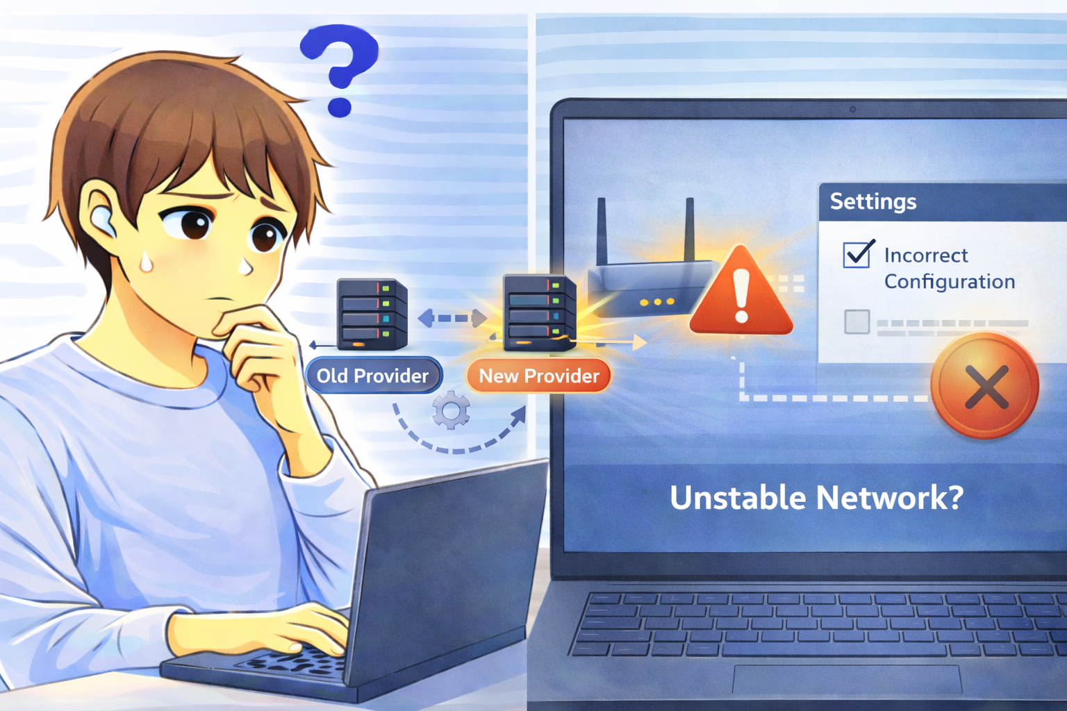 プロバイダ変更後に設定の不一致によってネット接続が不安定になっている状態をパソコン画面で確認している様子