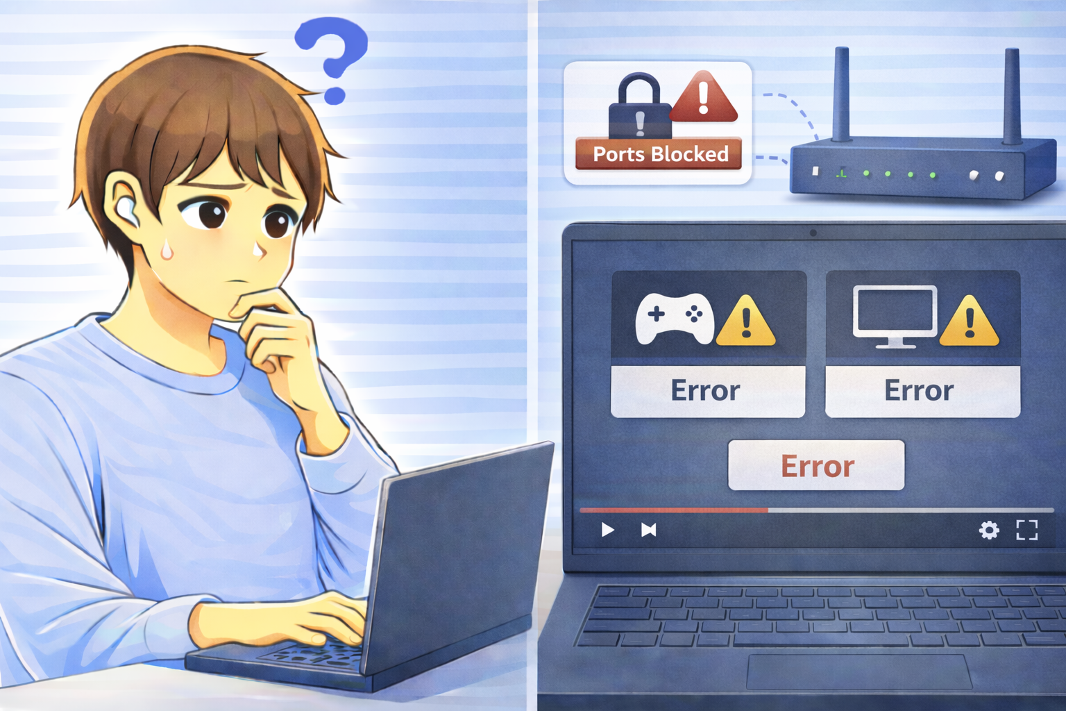 特定ポートの通信がブロックされゲームやリモート接続でエラーが表示されているノートPC画面と困っている男性のイラスト