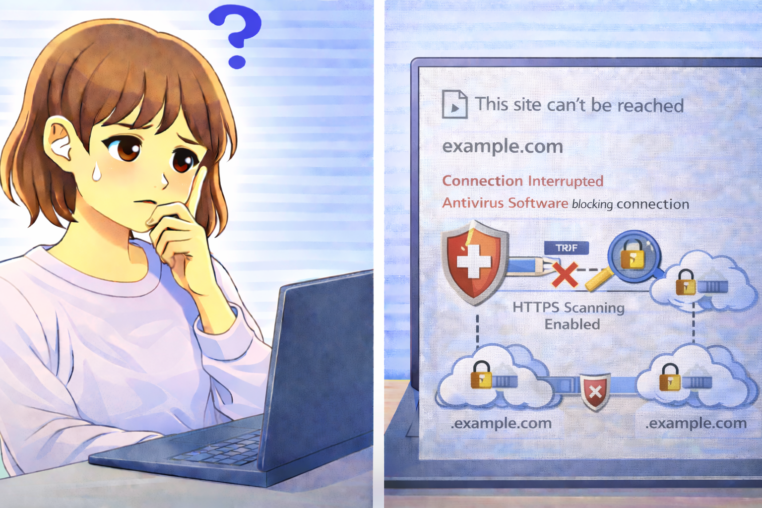 ウイルス対策ソフトのHTTPSスキャンによりWebサイト接続エラーが表示されたPC画面と困っている女性のイラスト